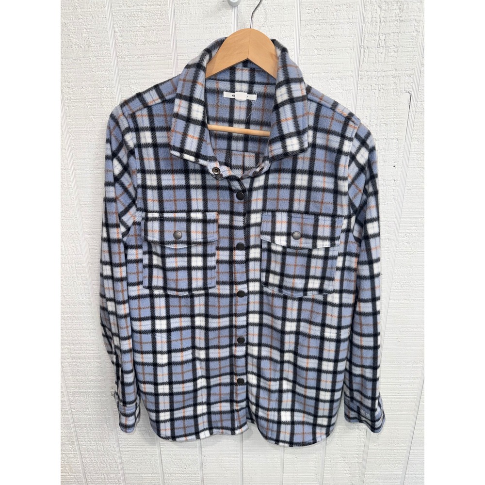 O'Neill Fleece Shacket Women Blue Plaid Button Up Long Sleeve Jacket Large